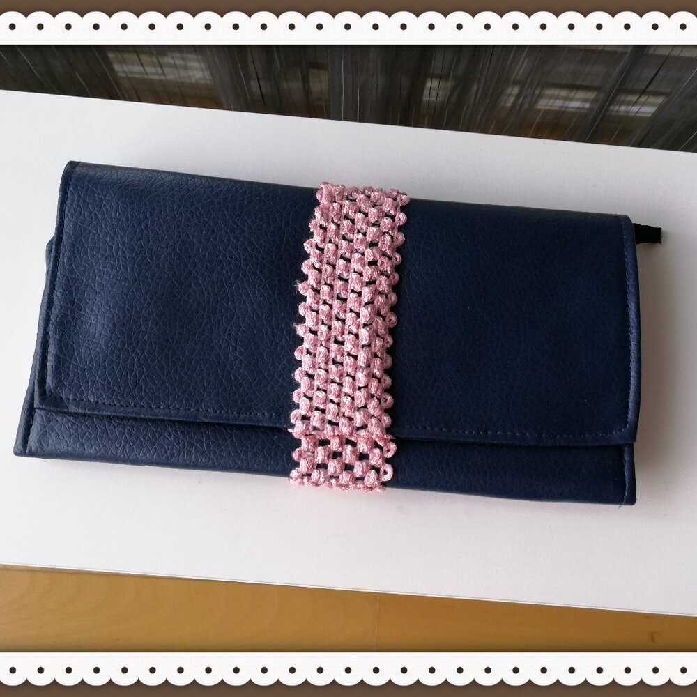SOFT DARK NAVY FAUX LEATHER  TRAVEL SMALL PURSE ELASTIC BAND CLOSURE HANDMADE